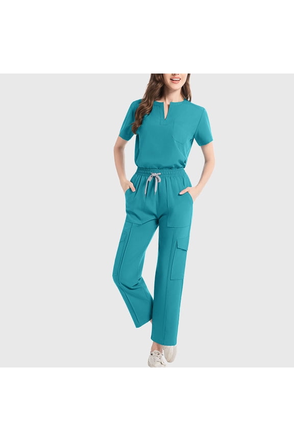 Women's Hospital V Neck Short Sleeve Set Comfortable Work Clothes Set For Doctors And Nurses Sky Blue M