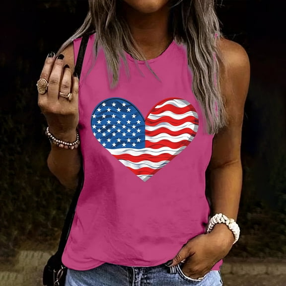 Delliss Women's Independence Day Print Baggy Crew Neck Casual Sleeveless Basic Top