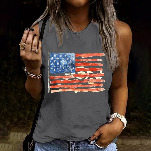Delliss Women's Independence Day Print Baggy Crew Neck Casual Sleeveless Basic Top