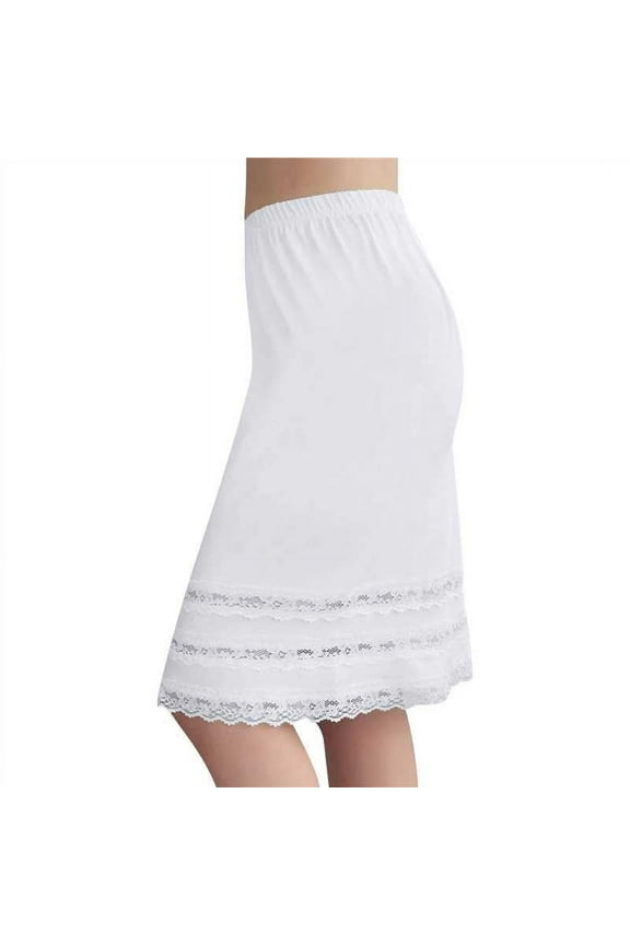 Women's Lace Trim Elastic Waist Skirt Solid Color Base Skirt White S
