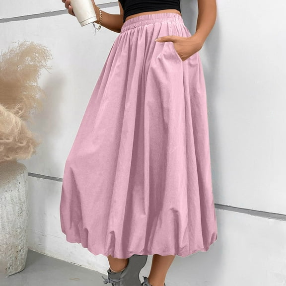 Delliss Women's Lantern Ruffle Skirt Elastic Waist Fashion Bubble Long Skirt With Pocket