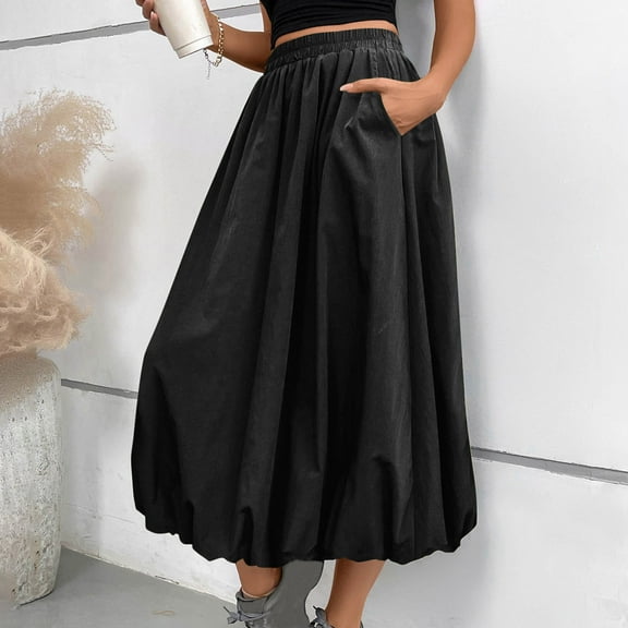 Delliss Women's Lantern Ruffle Skirt Elastic Waist Fashion Bubble Long Skirt With Pocket