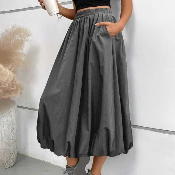 Delliss Women's Lantern Ruffle Skirt Elastic Waist Fashion Bubble Long Skirt With Pocket