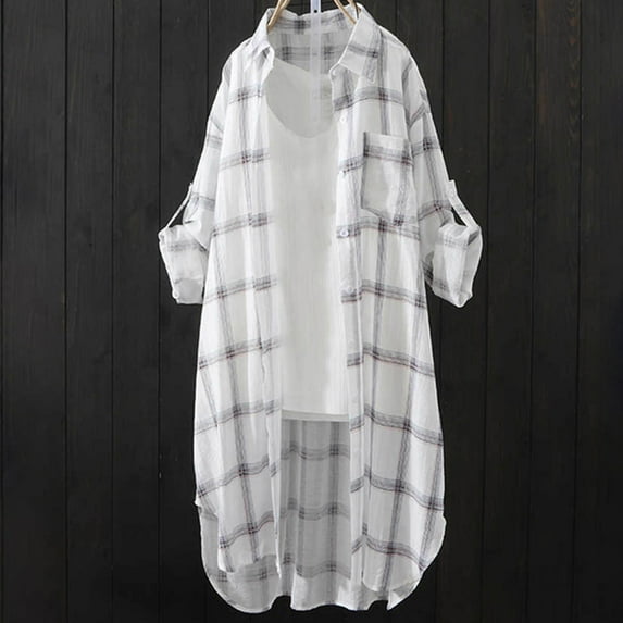 Delliss Women's Lapel Baggy Stylish Plaid Thin Curved Hem Blouse Casual Jacket Rolled Long Sleeve Long Cardigan