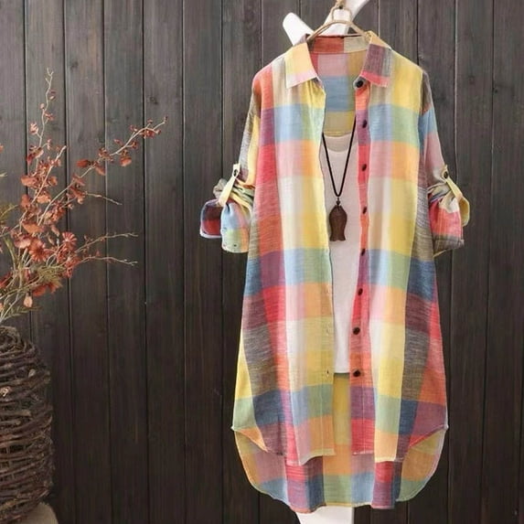 Delliss Women's Lapel Baggy Stylish Plaid Thin Curved Hem Blouse Casual Jacket Rolled Long Sleeve Long Cardigan