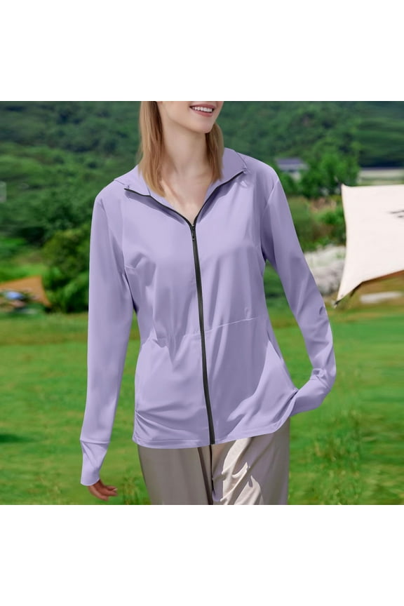 Women's Long Sleeve Jacket Thumb Holes Sun Protection Coat With Zipper Purple XL