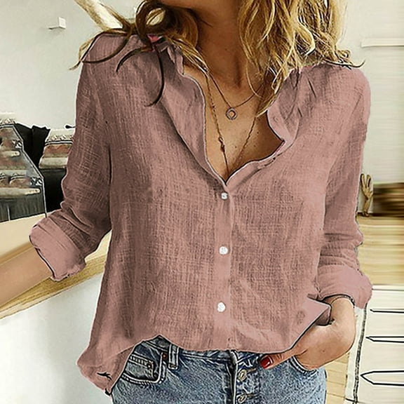 Delliss Women's Long Sleeve Lapel Button Blouse Linen Baggy Stylish Loose Top