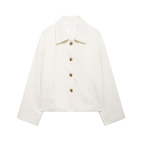 Delliss Women's Long Sleeve Lapel Loose Versatile Short Woolen Coat White L