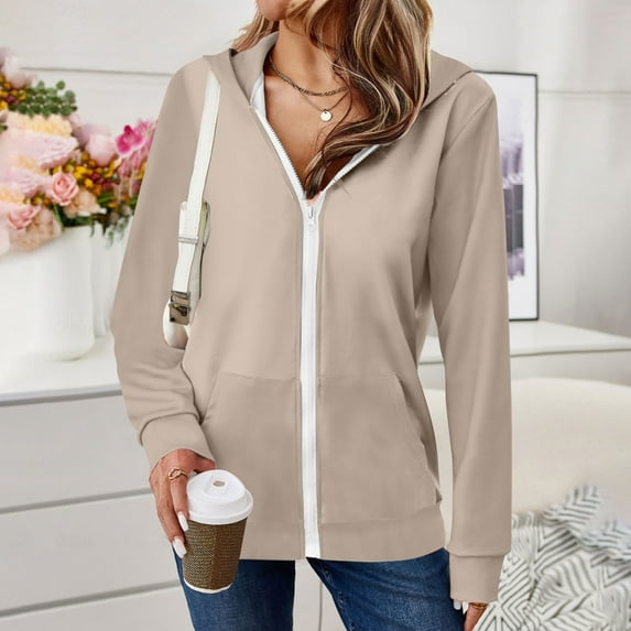 Delliss Women's Long Sleeve Pocket Top Hooded Casual Zipper Jacket