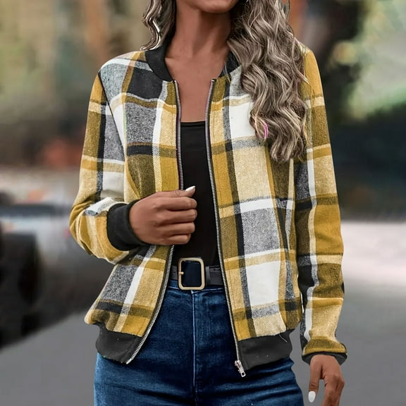 Delliss Women's Long Sleeve Round Neck Zipper Lightweight Fashion Plaid Jacket Yellow XL