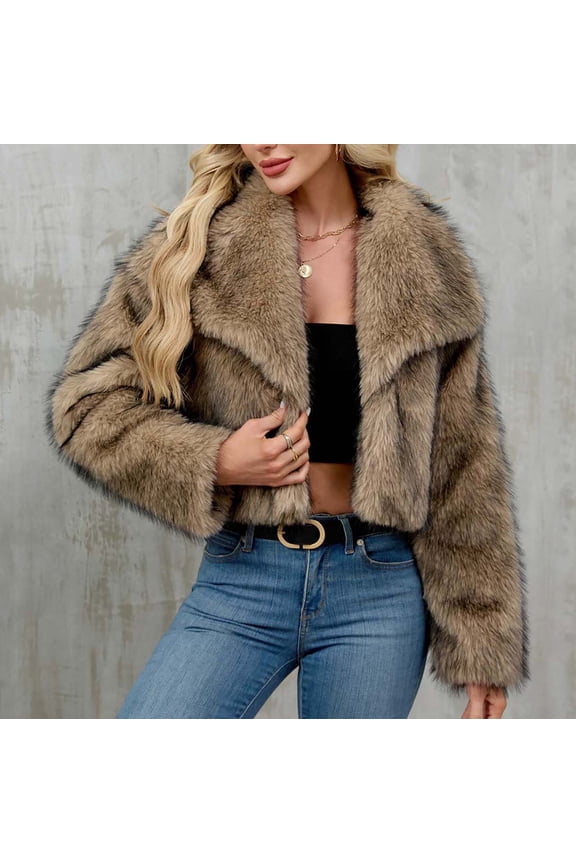 Women's Long Sleeve Trendy Winter Faux Fur Crop Jacket Lapel Comfy Warm Basic Coat Brown S