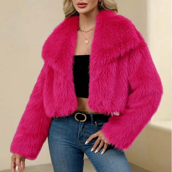 Delliss Women's Long Sleeve Trendy Winter Faux Fur Crop Jacket Lapel Comfy Warm Basic Coat Hot Pink S