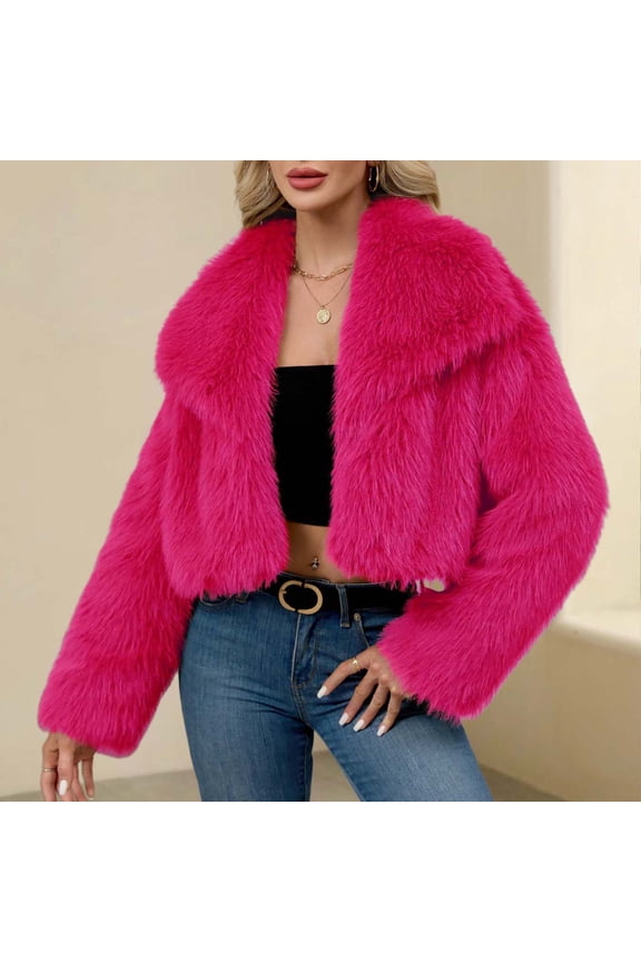 Women's Long Sleeve Trendy Winter Faux Fur Crop Jacket Lapel Comfy Warm Basic Coat Hot Pink S