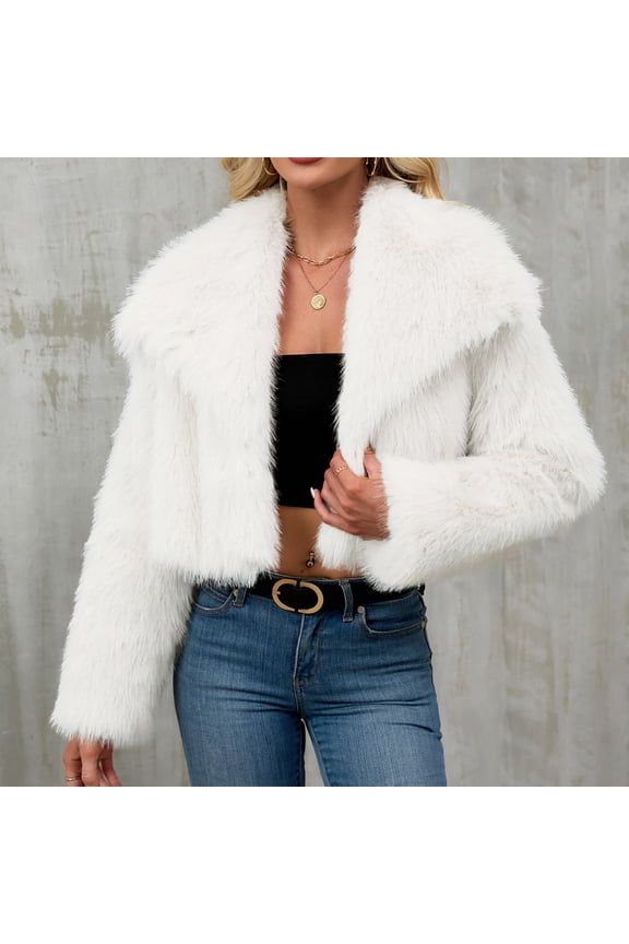 Women's Long Sleeve Trendy Winter Faux Fur Crop Jacket Lapel Comfy Warm Basic Coat White S