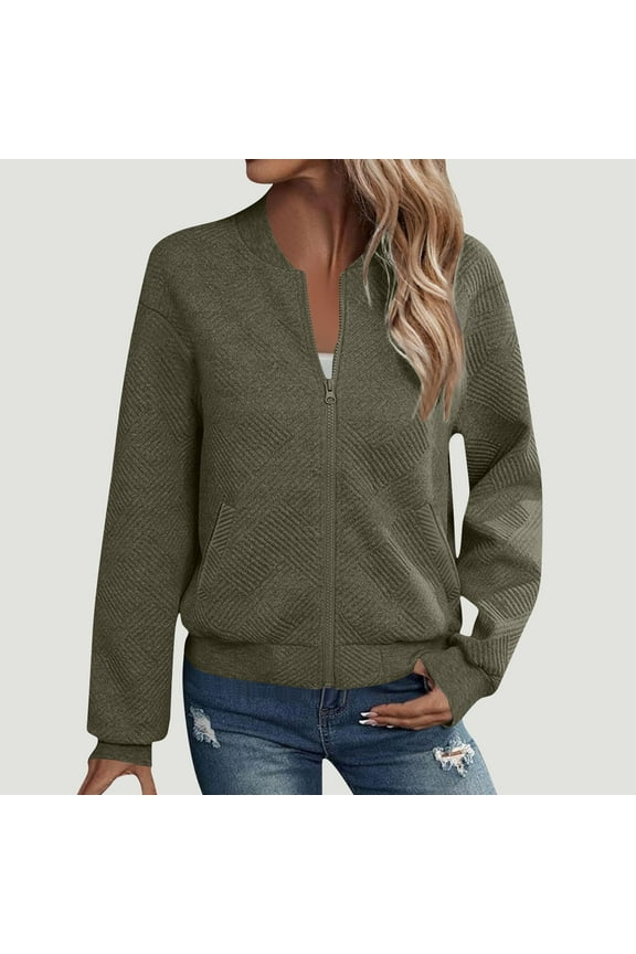 Women's Long Sleeve Zipper Top Ribbed Solid Color Jacket With Pocket Army Green XXL