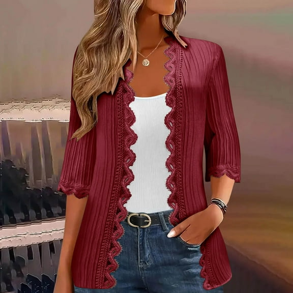 Delliss Women's Loose 3/4 Sleeve Solid Color Lace Top Comfy Trendy Cardigan