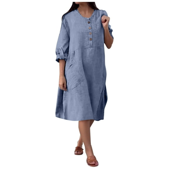 Delliss Women's Loose Casual Solid Color Cotton Linen Dress Baggy Button Long Sleeve Dress Light Blue XXXL