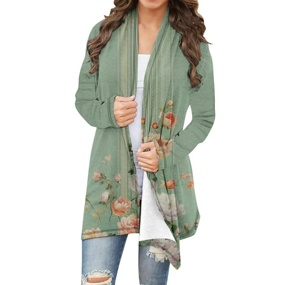 Delliss Women's Loose Long Sleeve Retro Print Baggy Top Fashion Soft Basic Cardigan Army Green XXXL