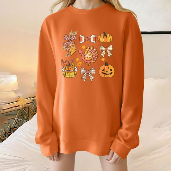 Delliss Women's Loose Long Sleeve Top Thanksgiving Print Crew Neck Trendy Sweatshirt Orange L