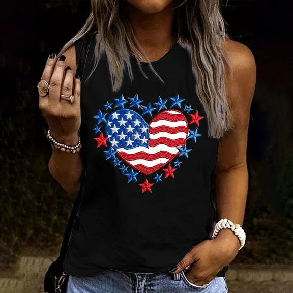 Delliss Women's Loose Sleeveless Blouse Independence Day Trendy Print T-Shirt Crew Neck Classic Top