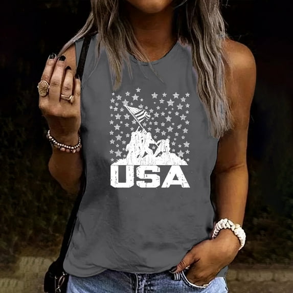 Delliss Women's Loose Sleeveless Blouse Independence Day Trendy Print T-Shirt Crew Neck Classic Top