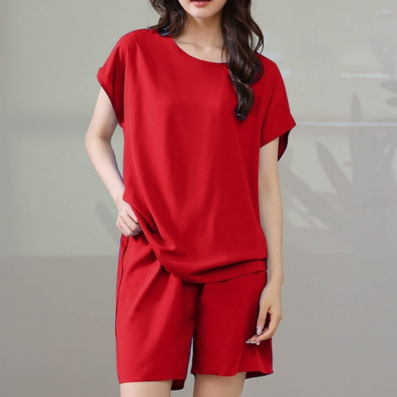 Delliss Women's Loungewear Sets Trendy Baggy Solid Color Short Sleeve Blouse Casual Shorts Pajamas Suit