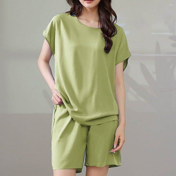 Delliss Women's Loungewear Sets Trendy Baggy Solid Color Short Sleeve Blouse Casual Shorts Pajamas Suit