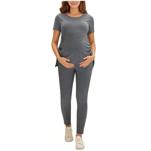 Delliss Women's Maternity 2 Piece Outfits Short Sleeve Tee Top & Leggings Pregnancy Lounge Set