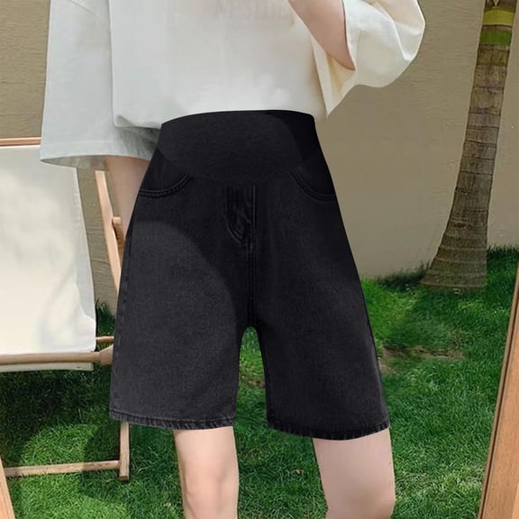 Delliss Women's Maternity Denim Shorts Trendy Stretchy Summer Elastic Waist Loose Straight Jeans With Pockets