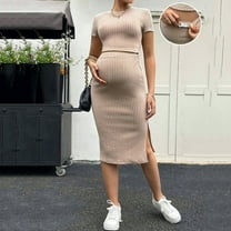 Delliss Women's Maternity Two Piece Ribbed Knitted Short Sleeve Crop Top Side Slit Skirt Bodycon Set Trendy Slim Fit Clothes