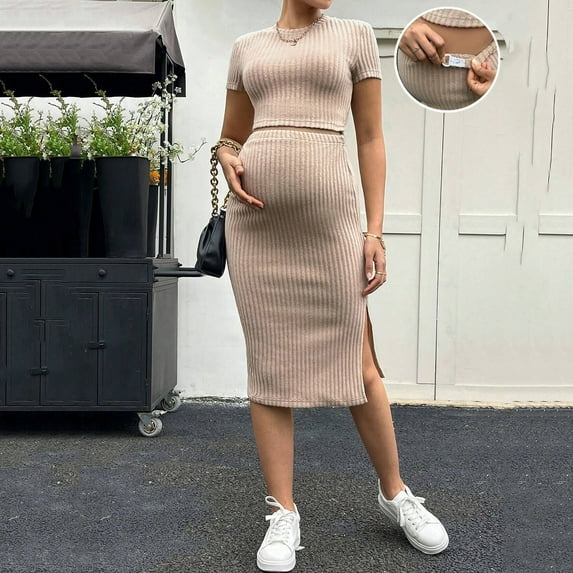 Delliss Women's Maternity Two Piece Ribbed Knitted Short Sleeve Crop Top Side Slit Skirt Bodycon Set Trendy Slim Fit Clothes