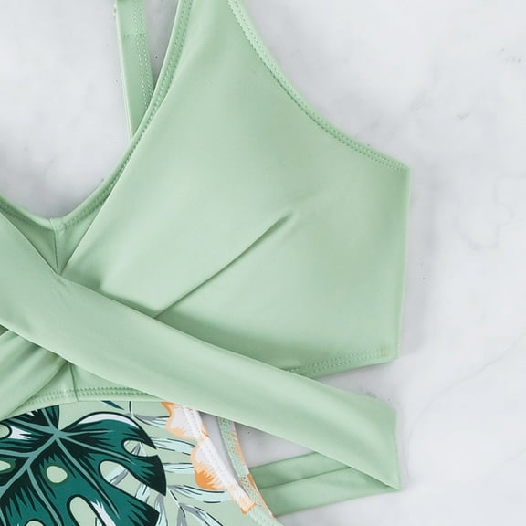 Delliss Women's One Piece Swimsuits Tummy Control Front Cross Print Bathing Suits Tie Back Slimming V Neck Swimwear