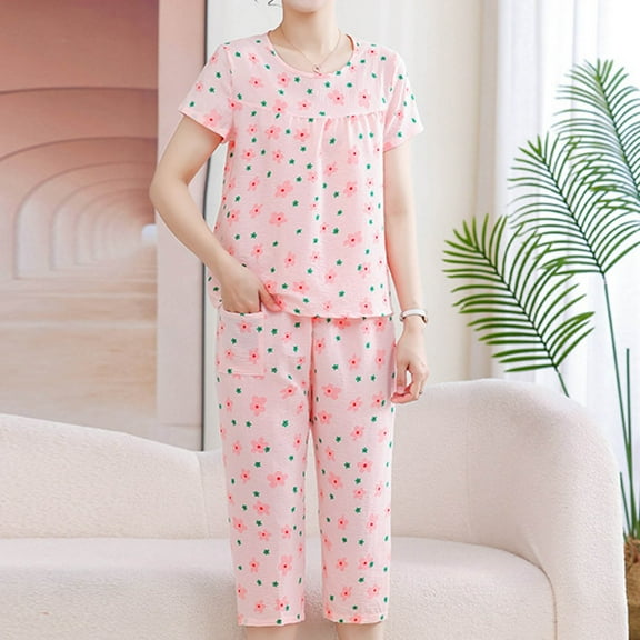 Delliss Women's Pajama Sets Fashion Print Crew Neck Casual Short Sleeve Pleated Top Pajamas Baggy Capri Pant Pajamas Sets