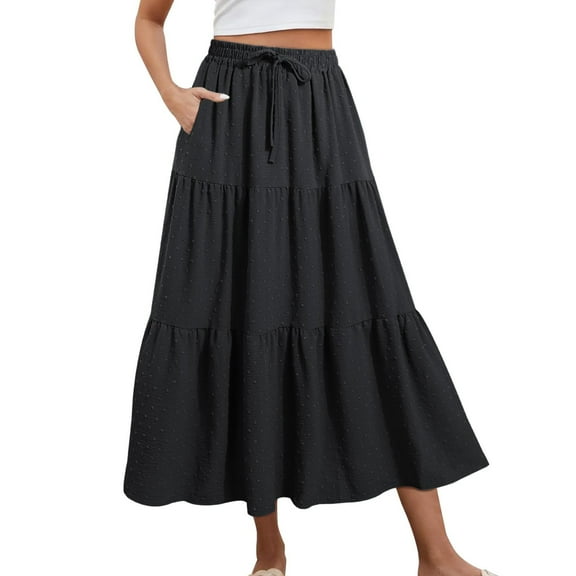 Delliss Women's Pleated Layered Flowy Swing Maxi Skirts Summer Elastic Waist Loose Drawstring Trendy Dress
