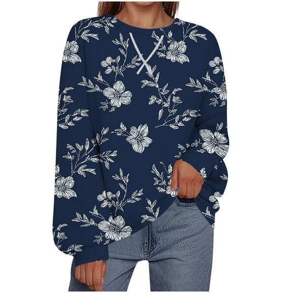 Delliss Women's Plus Size Blouse Crew Neck Long Sleeve Shirt Trendy Casual Baggy Top Navy XXL