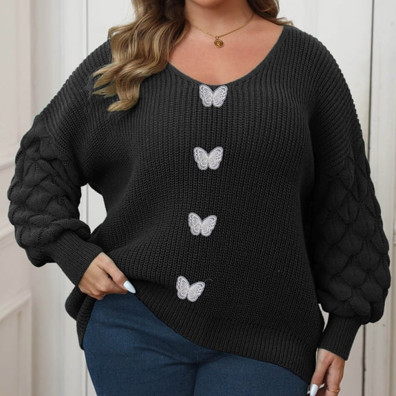 Delliss Women's Plus Size Butterfly V Neck Pullover Fashion Sweater Black L