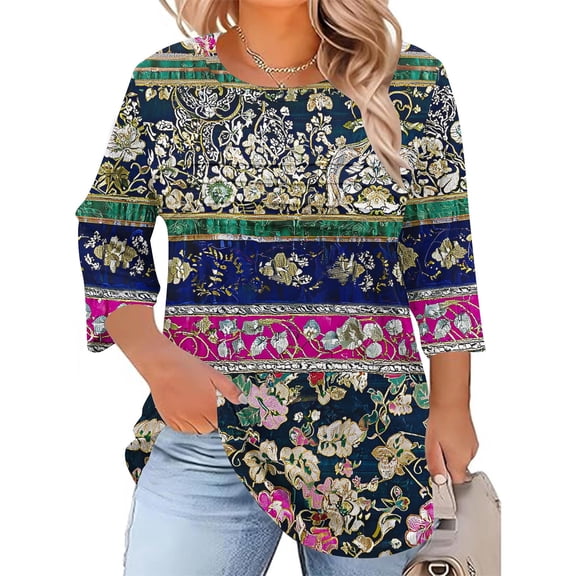Delliss Women's Plus Size Long Sleeve Print Shirt Fall Fashion Crew Neck Pleated Top Blue XXXXL