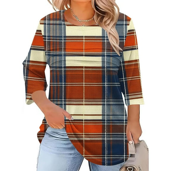 Delliss Women's Plus Size Long Sleeve Print Shirt Fall Fashion Crew Neck Pleated Top Coffee XXL