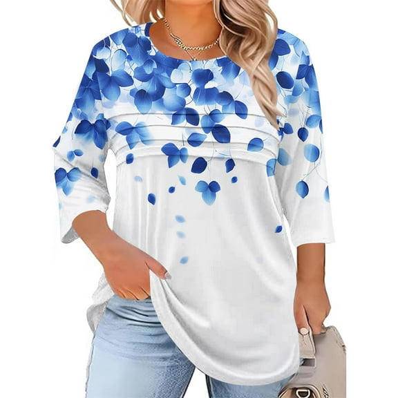 Delliss Women's Plus Size Long Sleeve Print Shirt Fall Fashion Crew Neck Pleated Top Sky Blue XXL