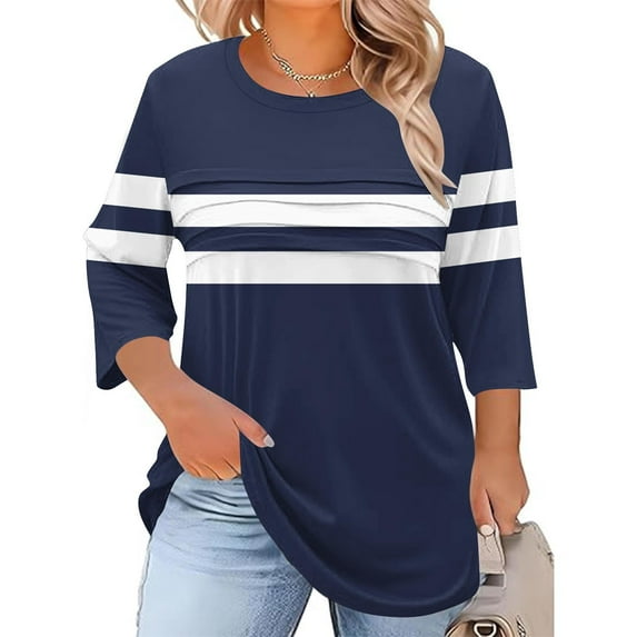 Delliss Women's Plus Size Long Sleeve Shirt Casual Fall Fashion Round Neck Pleated Top Blue XXXXXL