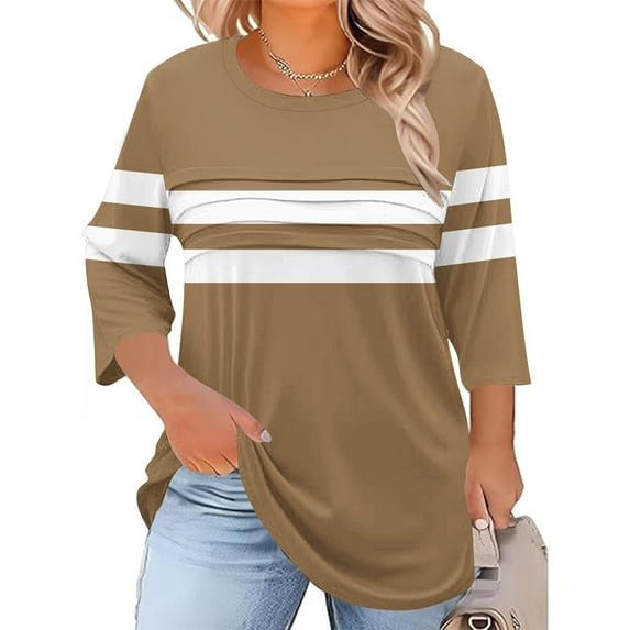 Delliss Women's Plus Size Long Sleeve Shirt Casual Fall Fashion Round Neck Pleated Top Brown XL