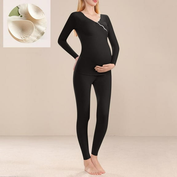 Delliss Women's Pregnant Solid Color Long Sleeve Blouse With Chest Cushion Nursing Top Matching Legging Pants Set Black M