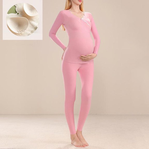 Delliss Women's Pregnant Solid Color Long Sleeve Blouse With Chest Cushion Nursing Top Matching Legging Pants Set Pink M