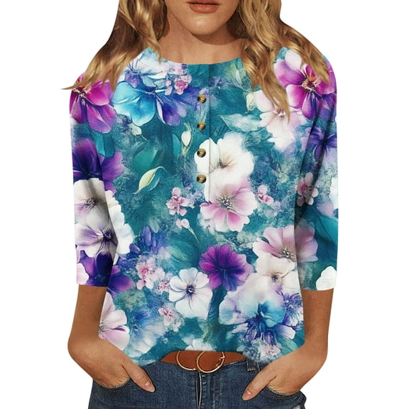 Delliss Women's Print Button Crew Neck 3/4 Sleeve Casual T-Shirt Loose Top Blue S