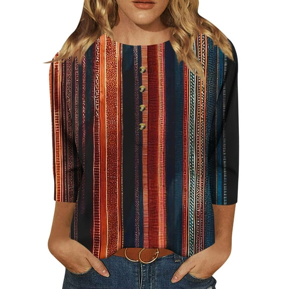 Delliss Women's Print Button Crew Neck 3/4 Sleeve Casual T-Shirt Loose Top Coffee S