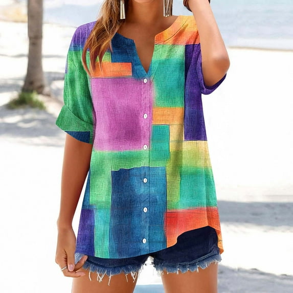 Delliss Women's Rolled Short Sleeve T-Shirt Tie Dye Button Down Baggy Blouse S-2XL