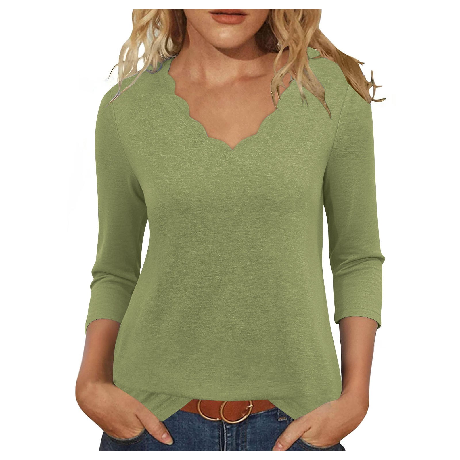 Delliss Women's Simple Top 3/4 Sleeve Flounce Trim Stylish Tunic Blouse ...