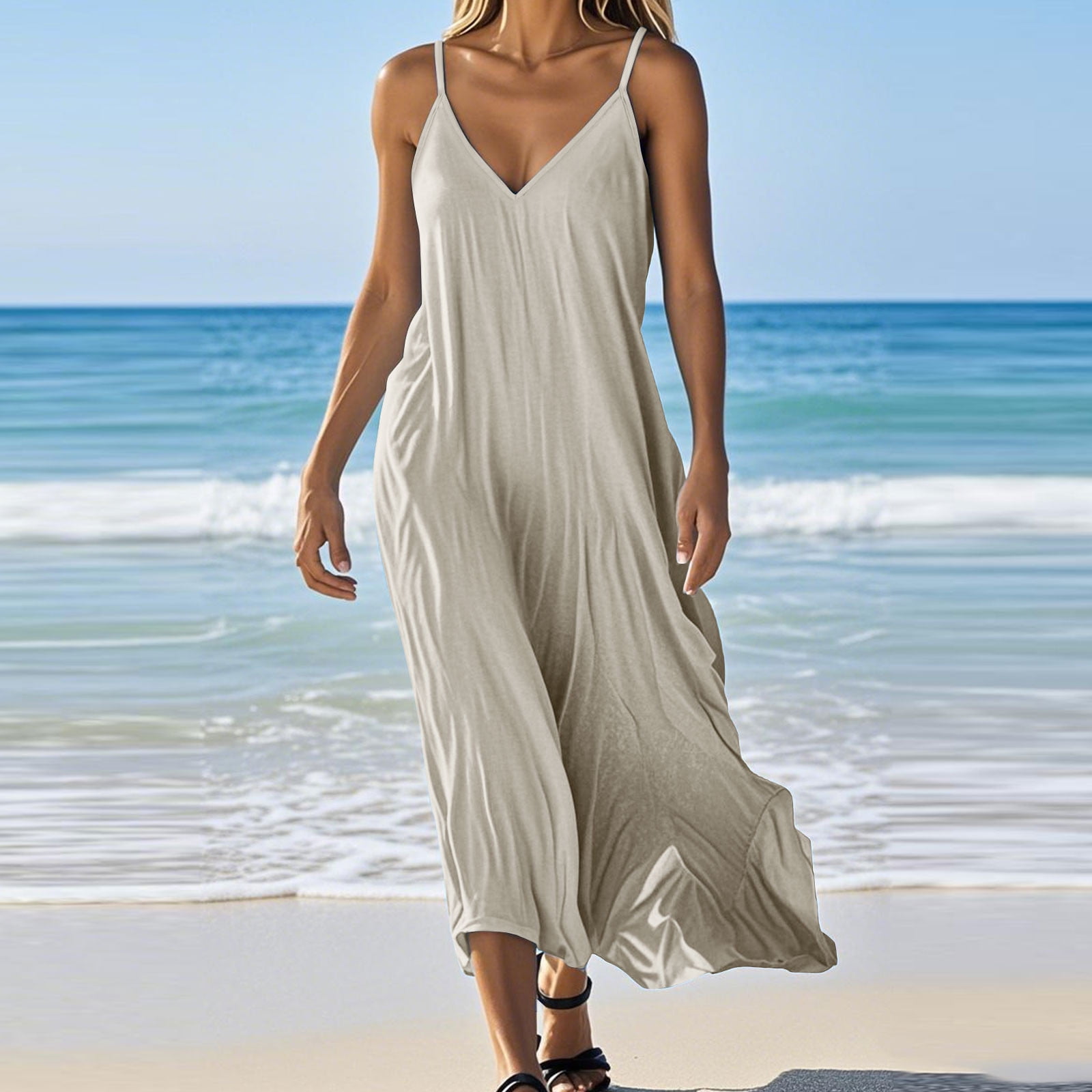 Spaghetti Strap Dress Flowy Ivory White Spaghetti Strap Maxi Dress For  Women  Flowy V-Neck Gown