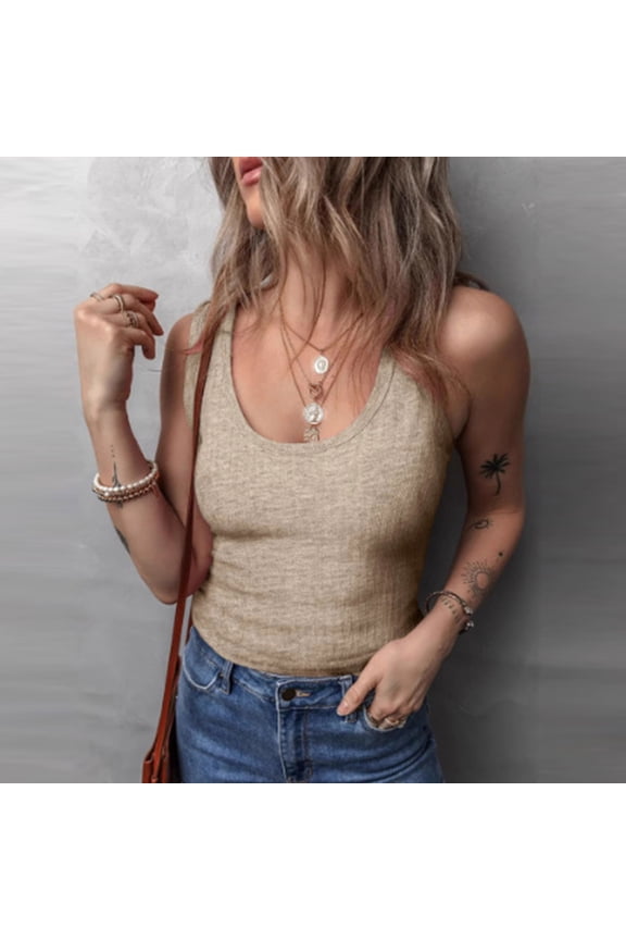 Women's Sleeveless Tank Tops, Casual Loose Fit T Shirts Solid Color Tunic Crew Neck Summer Shirts Tee
