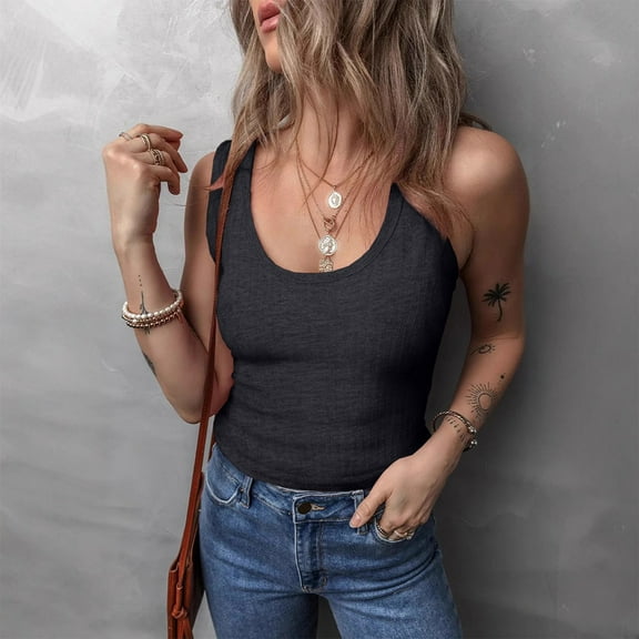 Delliss Women's Sleeveless Tank Tops, Casual Loose Fit T Shirts Solid Color Tunic Crew Neck Summer Shirts Tee